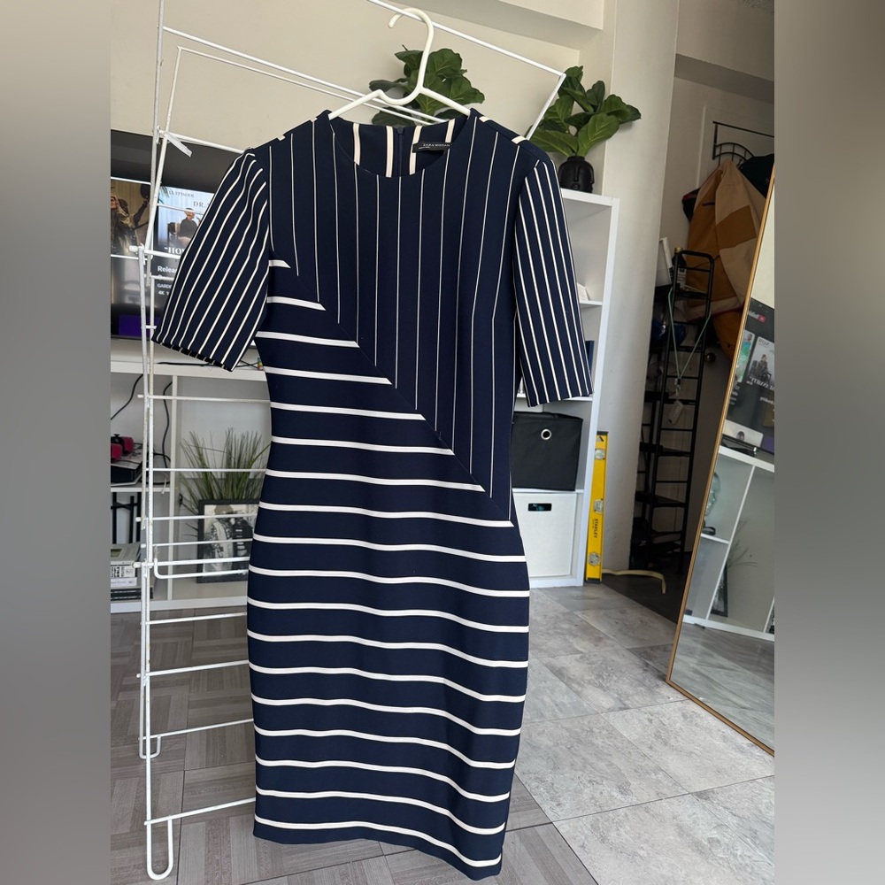 Zara Blue and White Sheath Midi Dress 3/4 Sleeve